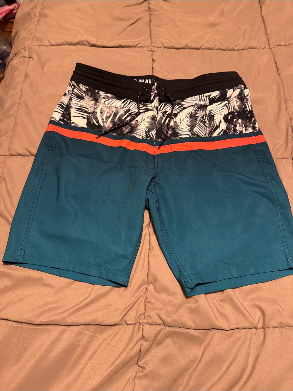 Old Navy Teal Swim Trunks with Black Tropical Waistband and Coral Stripe